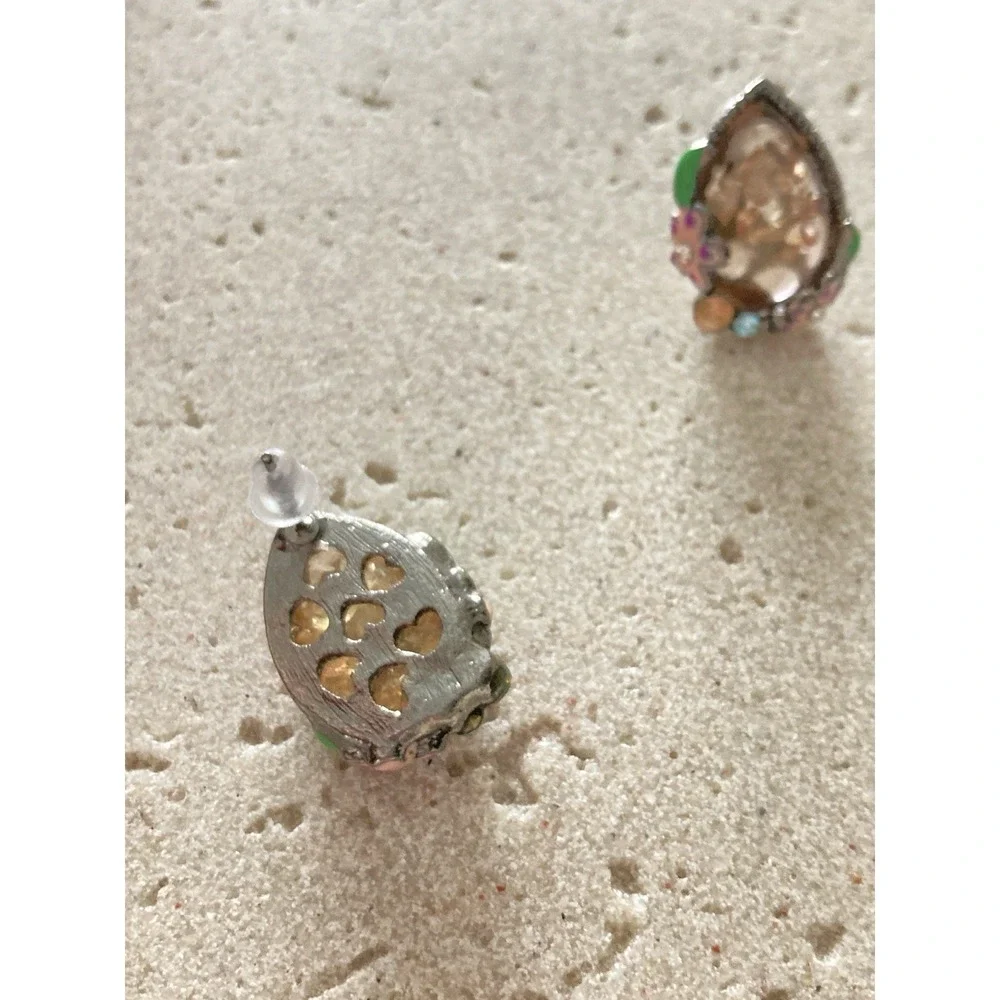 Whimsical Teardrop Rhinestone Enamel Floral Stud Earrings Champagne Stone‎